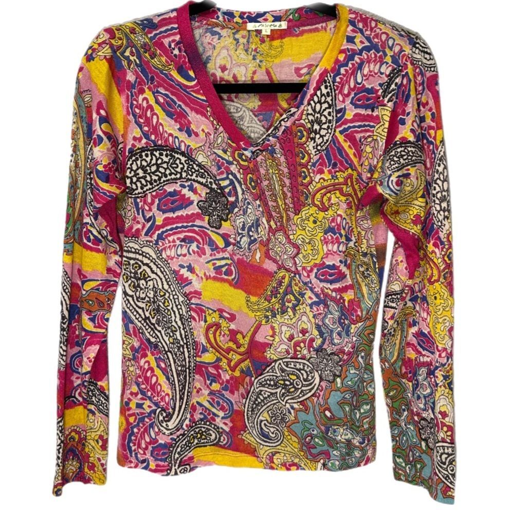 Pashma Yellow Paisely Cashmere Silk V-Neck Long Sleeve Size Large